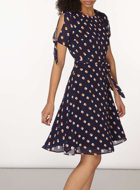 Navy And Orange Spotted Chiffon Fit and Flare Dress